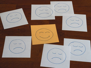 Close-up of paper notes with happy and sad faces