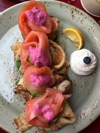 High angle view of breakfast served in plate