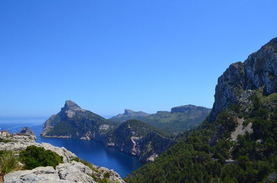 Scenic view of sea and mountains against clear blue sky