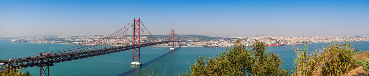 View of suspension bridge over river