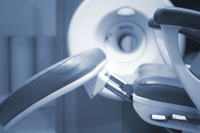 Close-up of seat with mri scanner in examination room