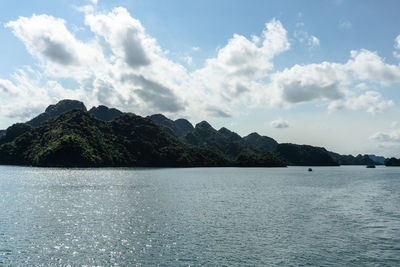 Scenic view of lake by mountains against sky