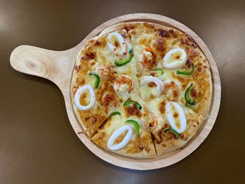 High angle view of pizza on table