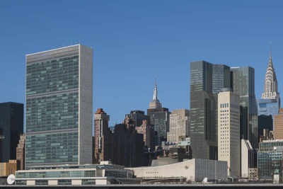 United nations building view on a clear blue day, midtown manhattan skyline, new york city