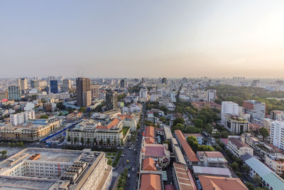 High angle view of cityscape against clear sky