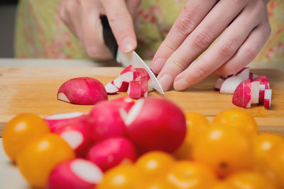 The fingers of a young woman cooking in the kitchen cut radishes and tomatoes, close-up