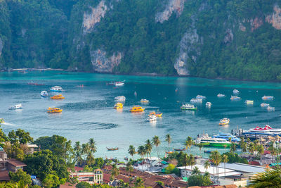 High angle view of boats in sea