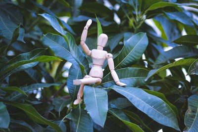 A wooden figurine sitting on a mango tree waving its hand to the camera 