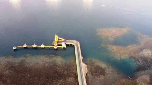 High angle view of ship in sea against sky