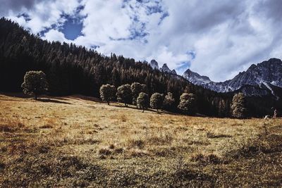 Scenic view of field and mountains against sky