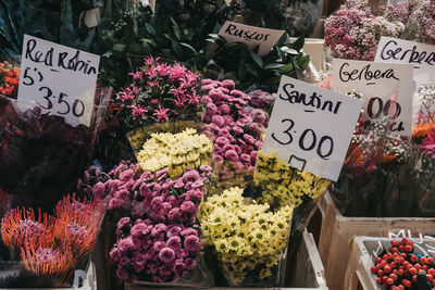 Various flowers for sale at market stall