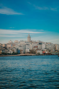 Sea by buildings against blue sky