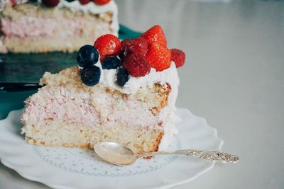 Close-up of fruitcake served in plate on table