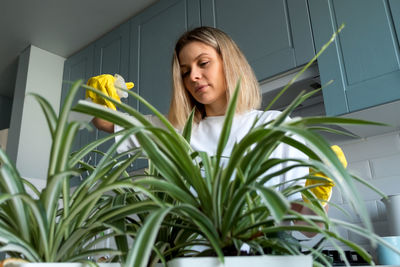 Woman gardening takes care house plants at kitchen