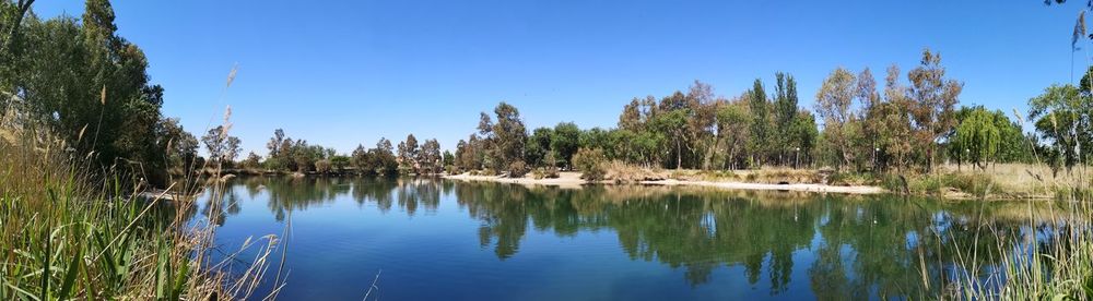 Panoramic view of lake against clear blue sky