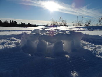 Scenic view of snow covered field against sky