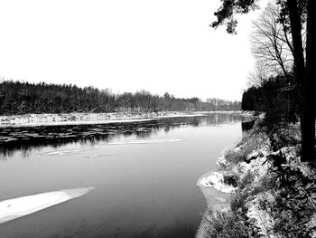 Scenic view of lake against clear sky during winter