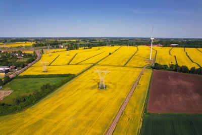 High angle view of agricultural field against clear sky