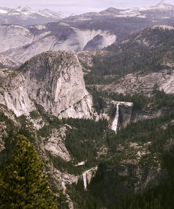 High angle view of river amidst mountains