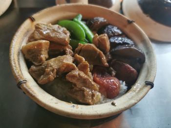 High angle view of food in bowl on table