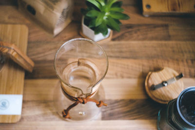 High angle view of beer glass on table