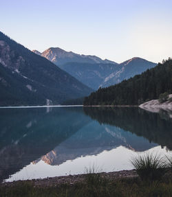 Scenic view of lake and mountains against sky