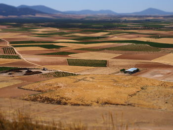 Crop fields with tilt-shift effect in the town of consuegra, spain