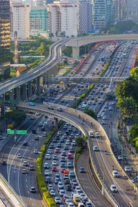 High angle view of traffic on road in city