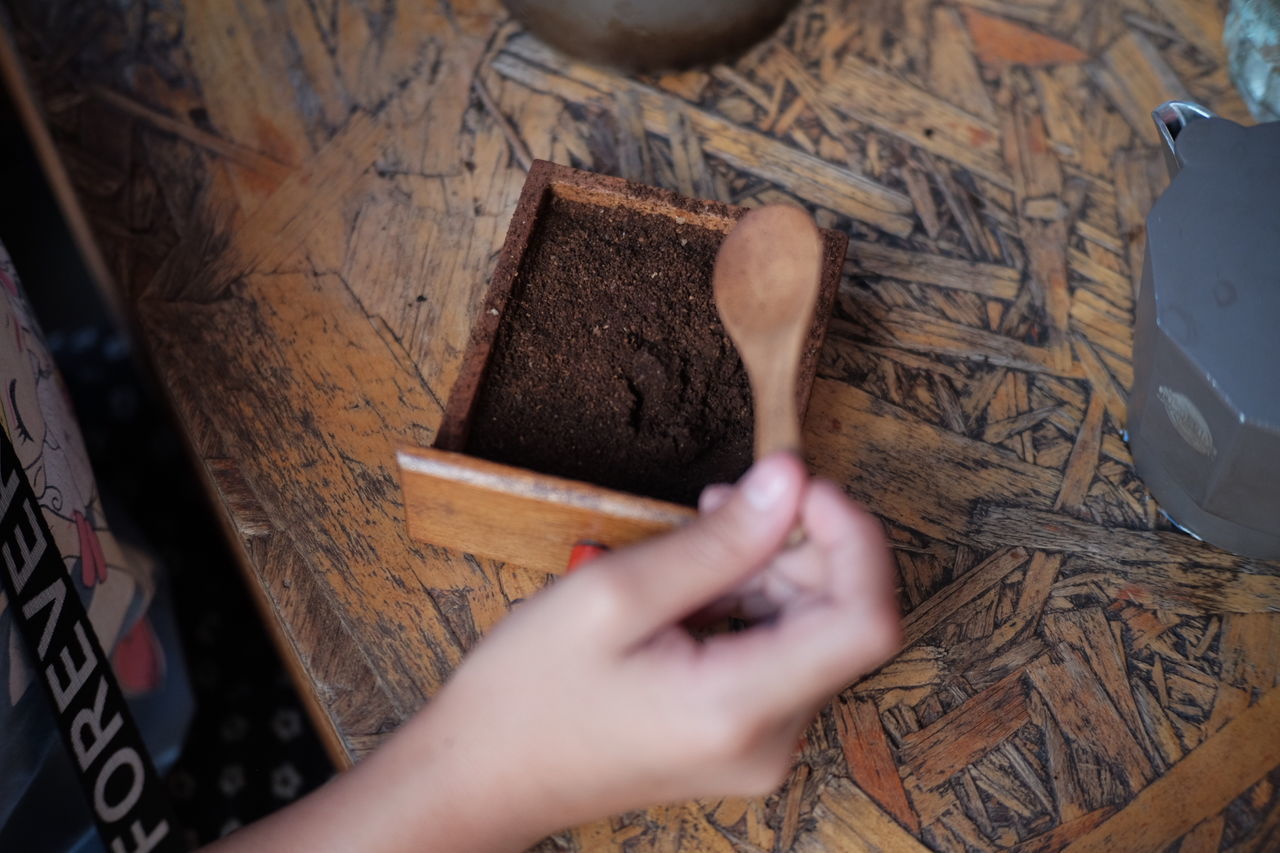 HIGH ANGLE VIEW OF WOMAN HOLDING ICE CREAM IN WOOD