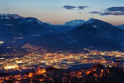 Aerial view of cityscape at night
