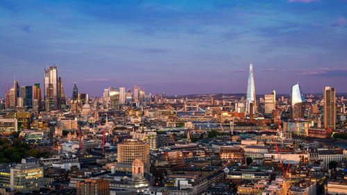 High angle view of cityscape against sky during sunset