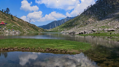 Scenic view of lake and mountains against sky