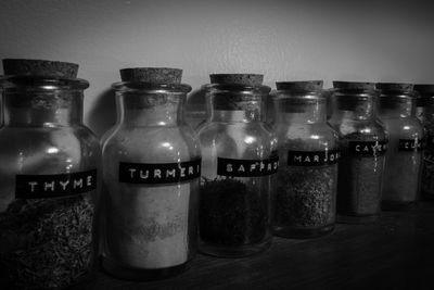 Close-up of bottles on shelf