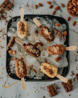 High angle view of dessert on table