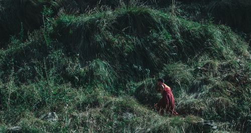 Woman standing by trees in forest