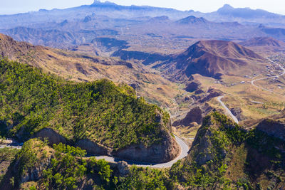 Aerial view of road amidst trees and mountains