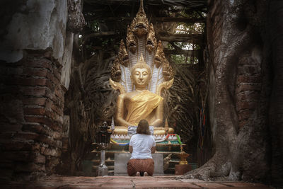 Rear view of statue against temple building