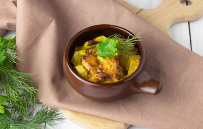 High angle view of food in bowl on table