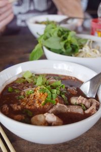 Close-up of meal served in bowl on table