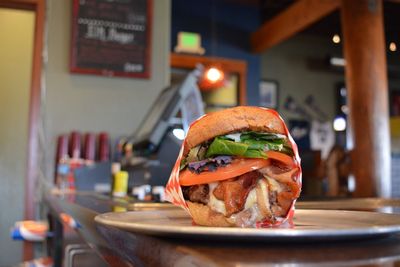 Close-up of burger on table in restaurant