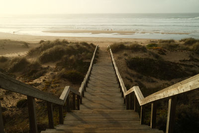 Rear view of man walking on boardwalk