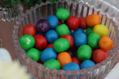 High angle view of multi colored candies in basket