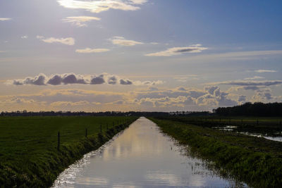 Scenic view of canal amidst field against sky