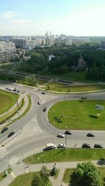 High angle view of cars on  urban road intersection