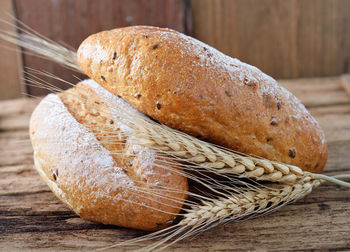 High angle view of bread in basket on table