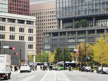 View of city street and modern buildings