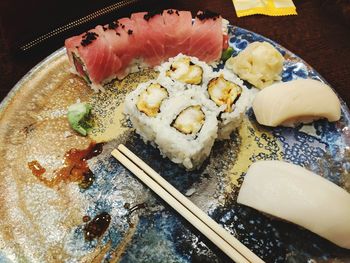 High angle view of sushi served in plate