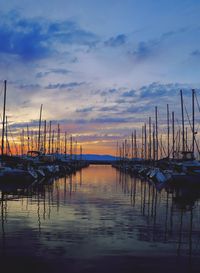 Sailboats moored in marina at sunset