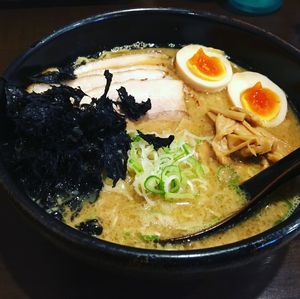 High angle view of soup in bowl