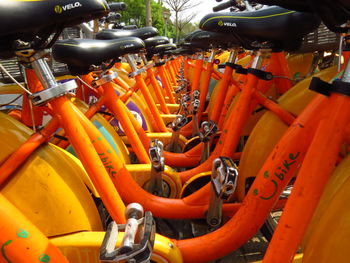 High angle view of bicycle parked on field